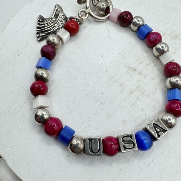 Patriotic Fourth Of July Bald Eagle Sterling Silver Beaded Bracelet USA Holiday - Picture 3 of 14